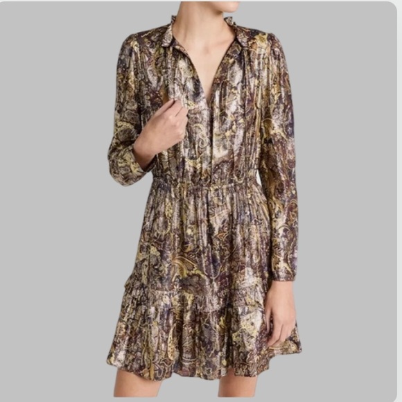NWT BA&SH Capi Lady Metallic Lame Paisley Ruffle Puff Long Sleeve Dress Size M - Picture 6 of 14